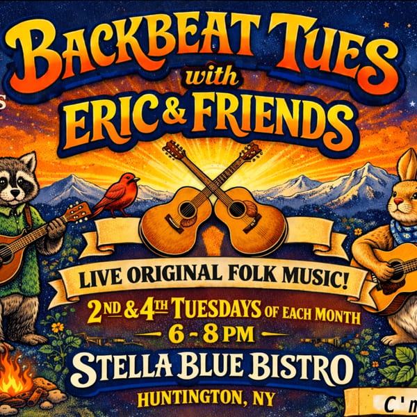 A folk music event poster with a raccoon and rabbit playing guitars, mountains, and a campfire.