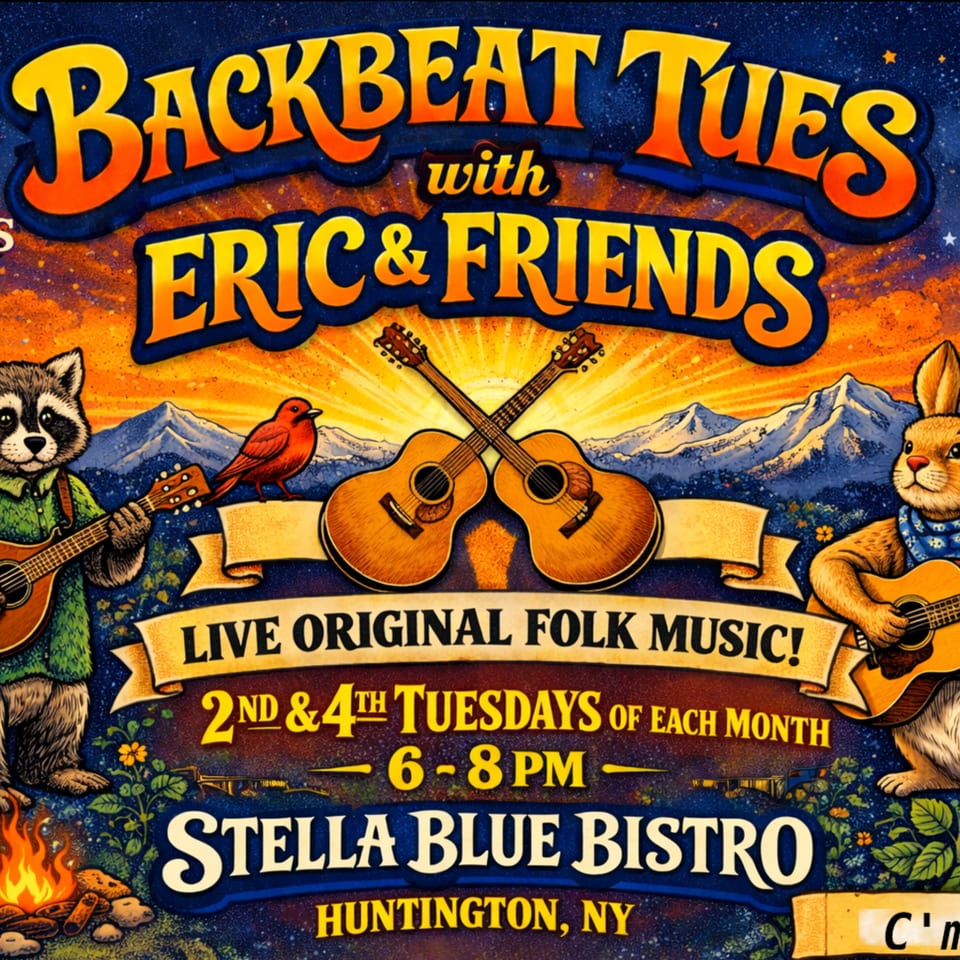 A folk music event poster with a raccoon and rabbit playing guitars, mountains, and a campfire.